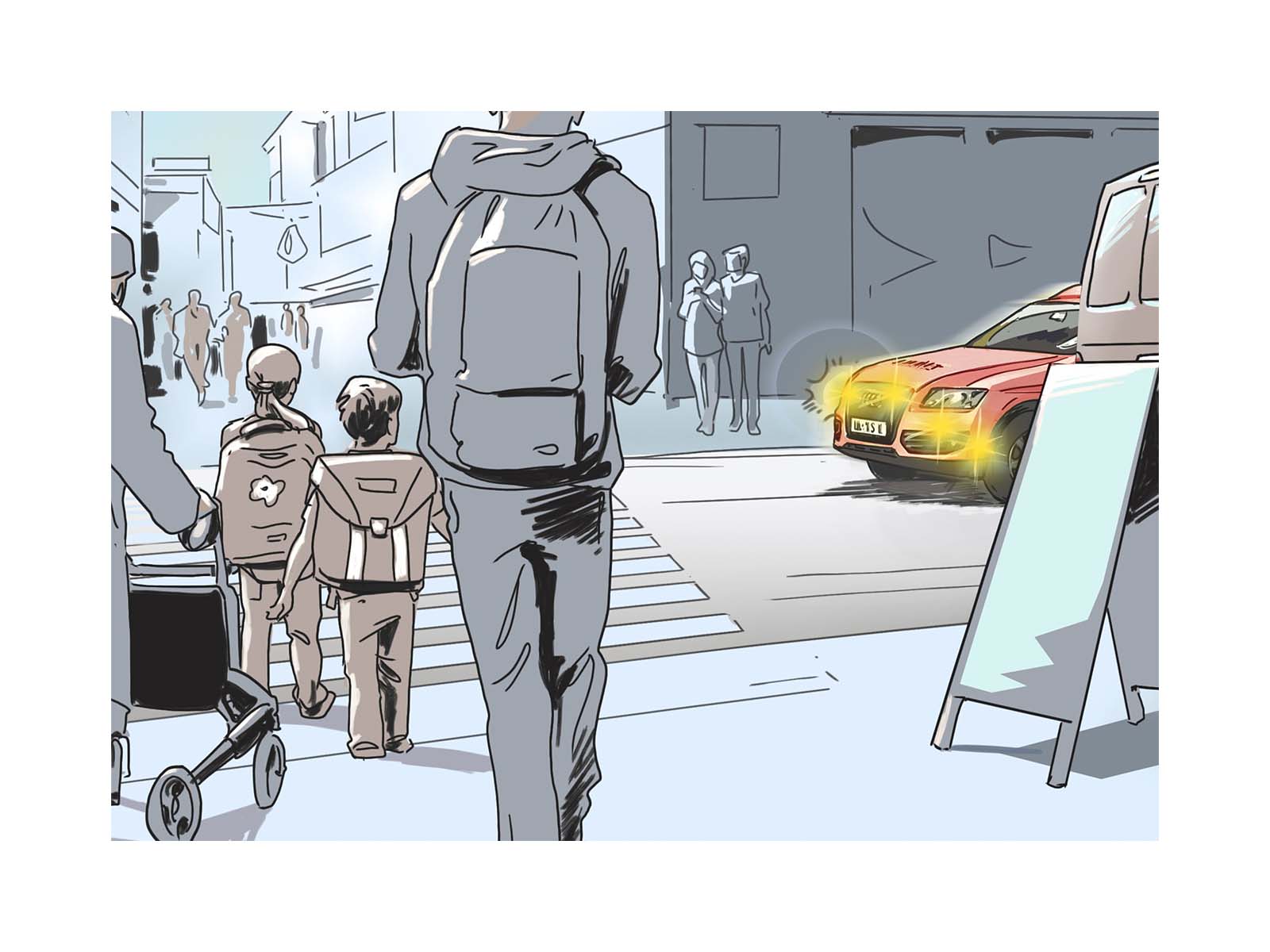 Intersection Light Amber Illustration Fire Parked by Crossroad with Pedestrians Crossing