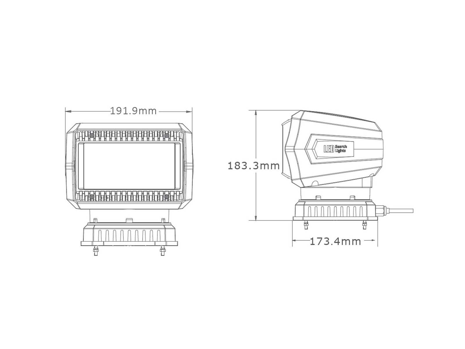 Laser Searchlight 2 Dimensions Illustration Showing 191.9mm Width, 183.3mm height and 173.4mm depth