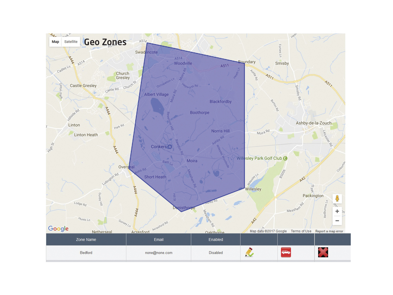 Europa Software Geo Zones Showing Blue Zone on Map near Ashby-de-la-Zouch